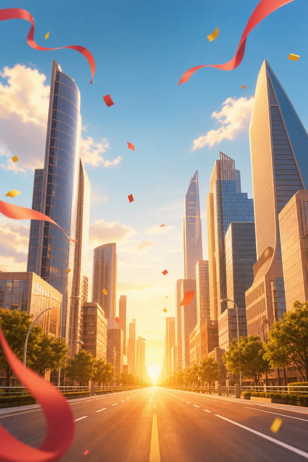 现代城市街道，摩天大楼林立，彩纸纷飞飘落｜AI 生图提示词