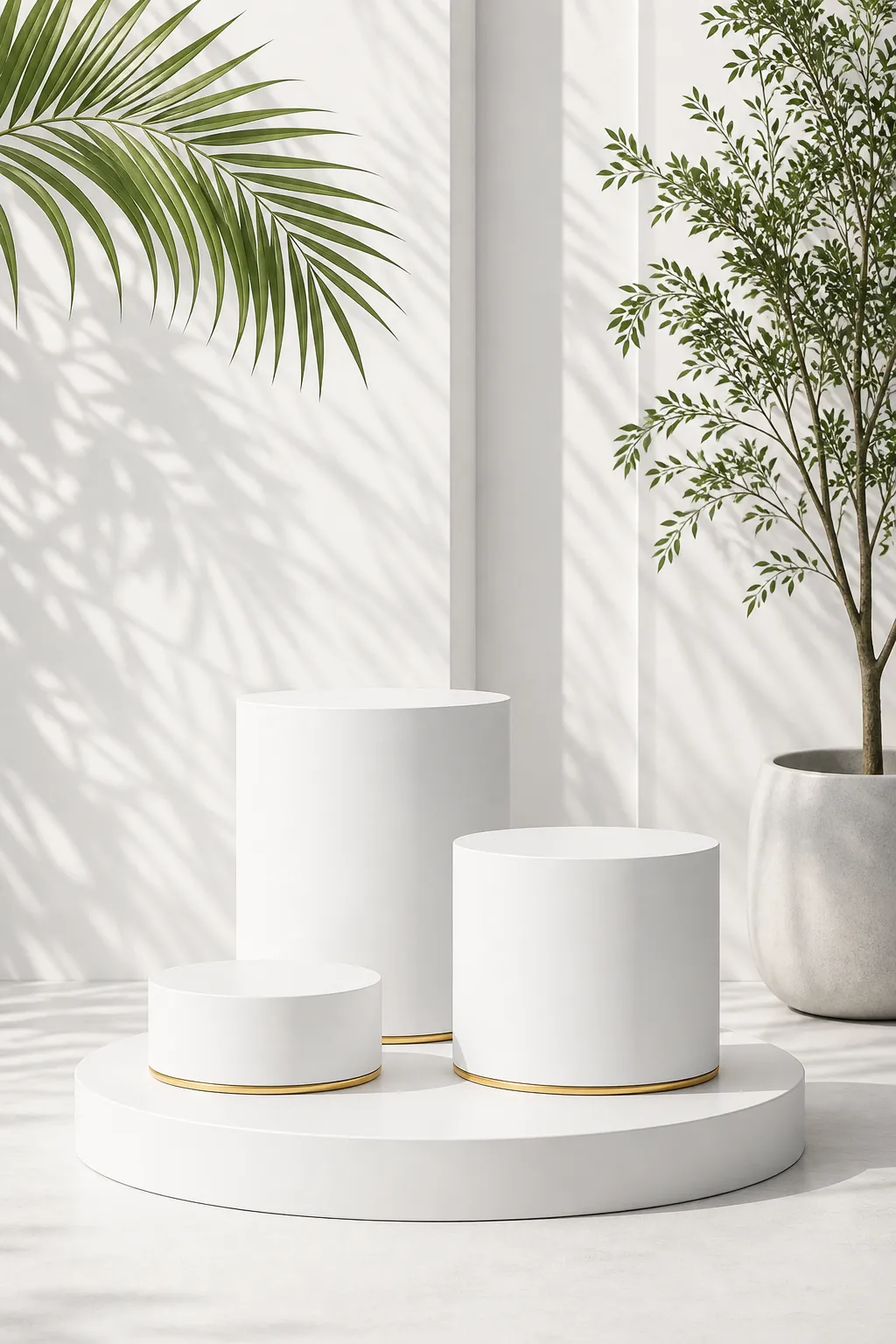 白色圆柱形讲台展示，内有植物｜AI 生图提示词
