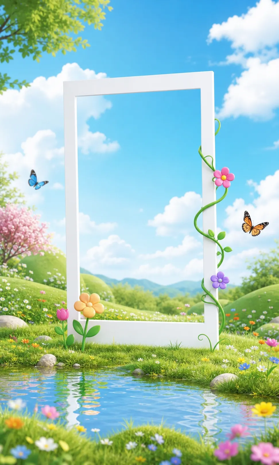 白色画框置于色彩斑斓的春季花园中，蝴蝶飞舞｜AI 生图提示词