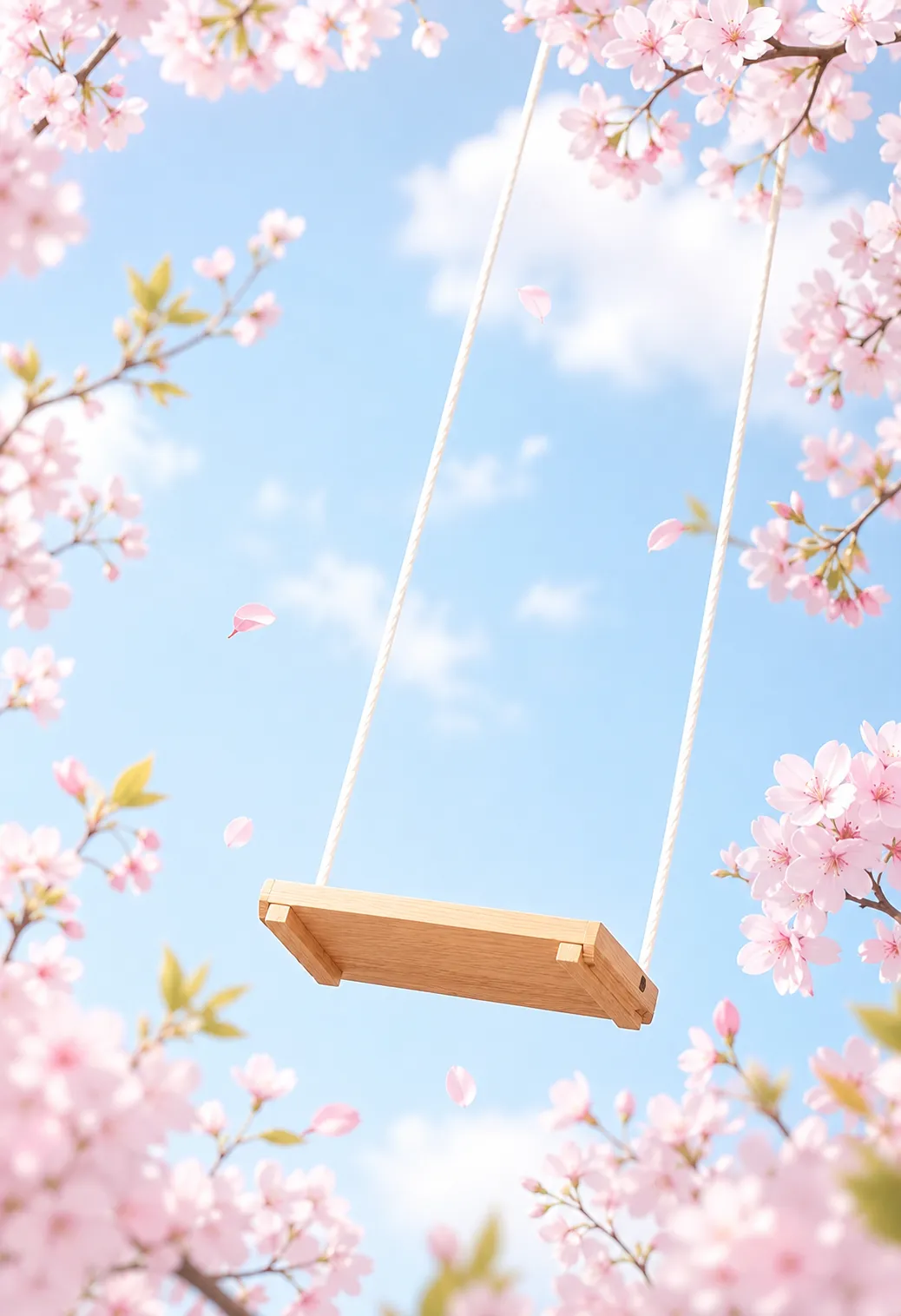 春天樱花枝上挂着的木制秋千｜AI 生图提示词
