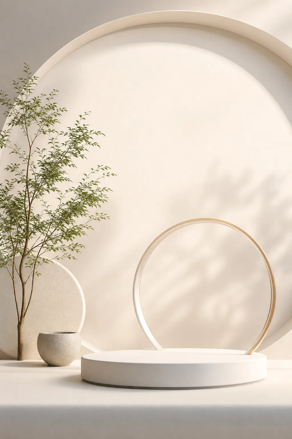 极简主义白色圆形讲台，配有植物和环形｜AI 生图提示词
