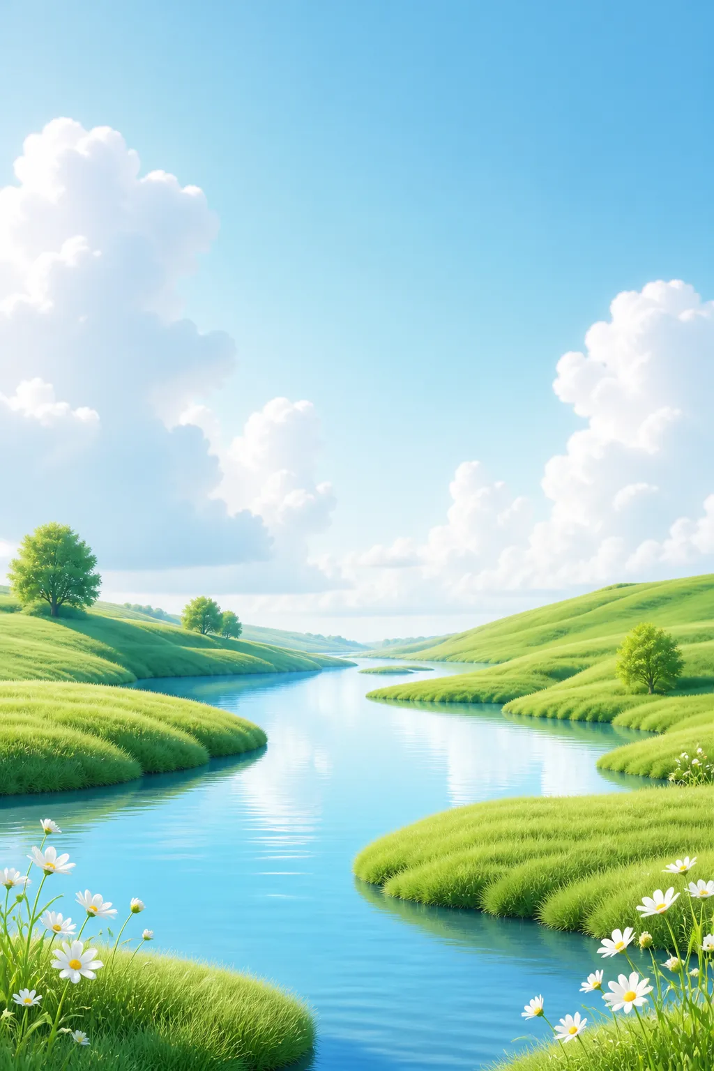 宁静的河流景观，绿意盎然的山丘和雏菊｜AI 生图提示词