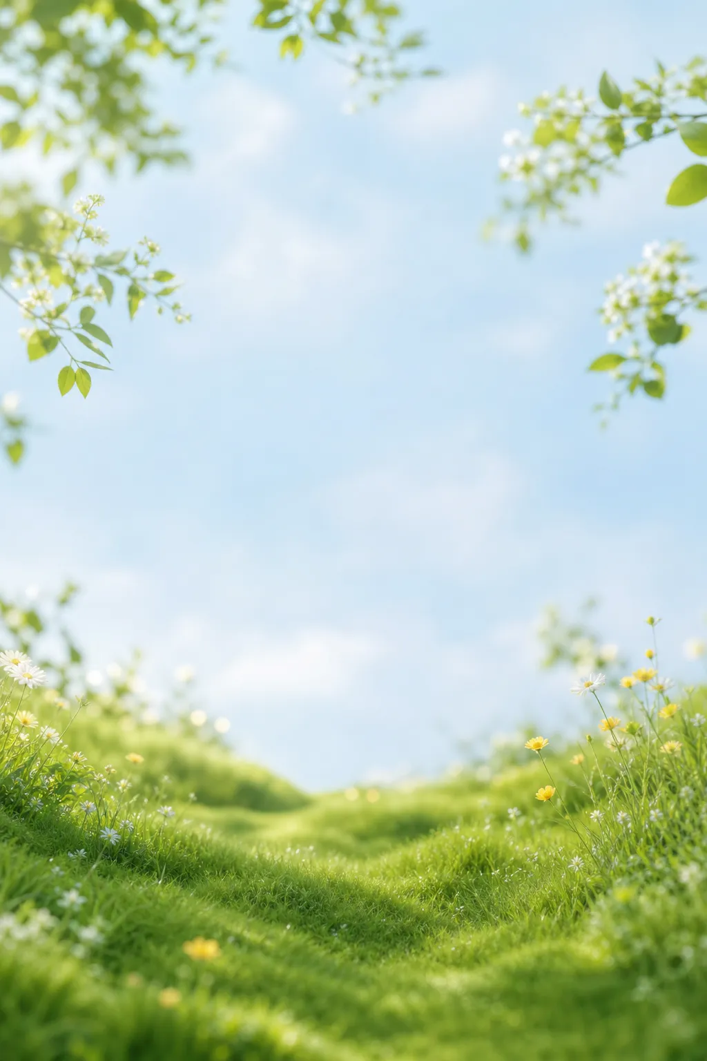 阳光明媚的绿草地，野花开着，蓝天｜AI 生图提示词