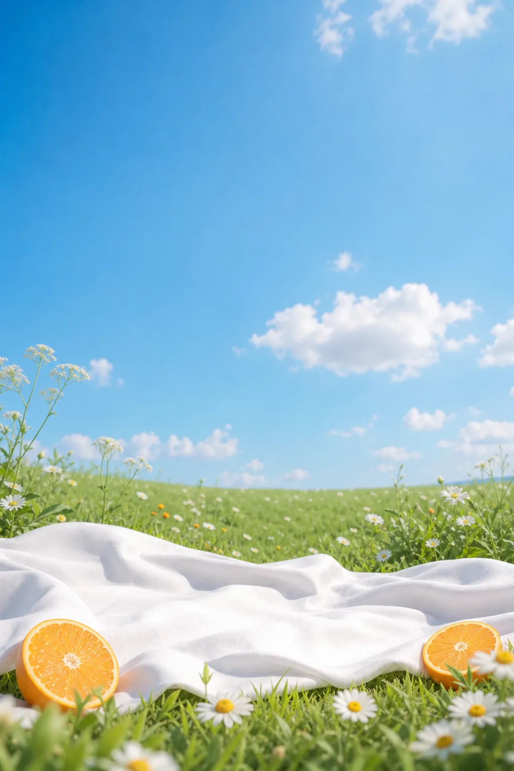 夏日草地，铺着白布和新鲜的橙片｜AI 生图提示词