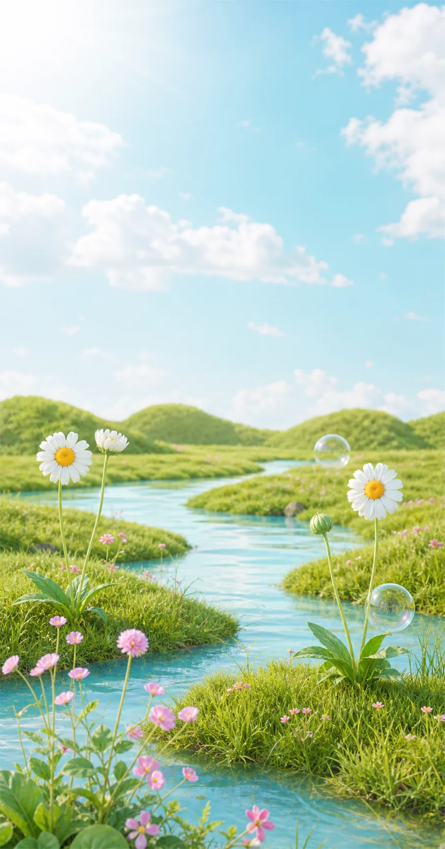 蓝天下，雏菊和气泡的河流景观｜AI 生图提示词