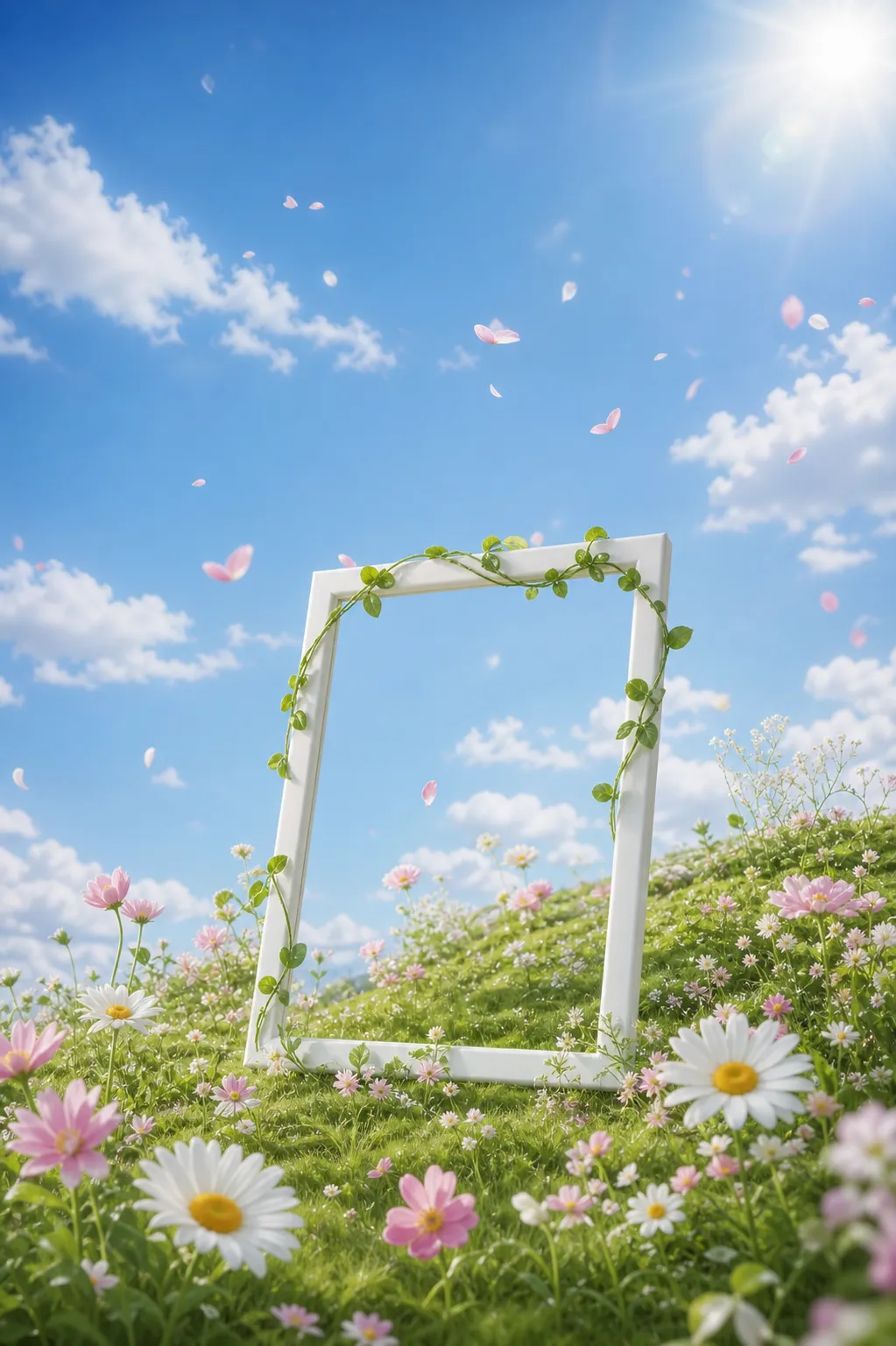 白色框架，藤蔓生长在阳光明媚的花草地｜AI 生图提示词