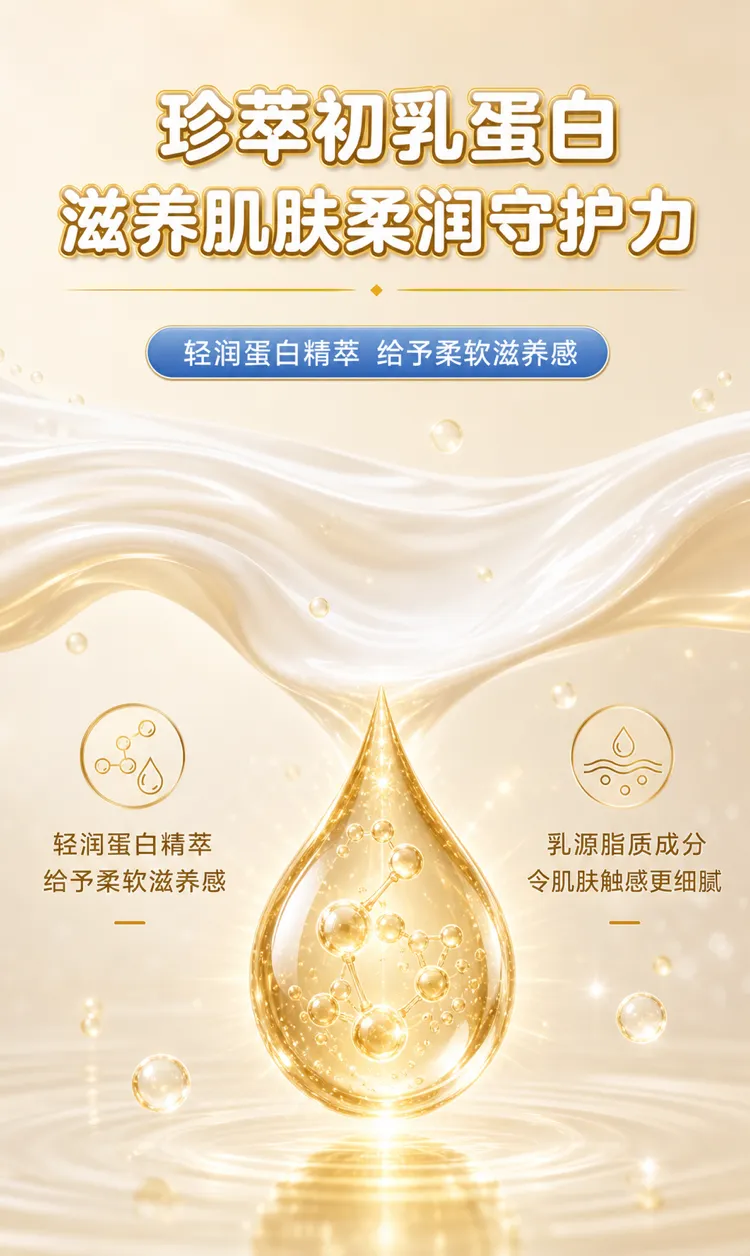 金色初乳蛋白滴剂护肤精华｜AI 生图提示词