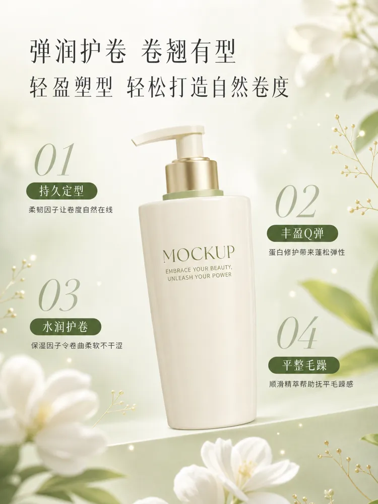 白色泵瓶模型，配花卉背景，适合发型车｜AI 生图提示词
