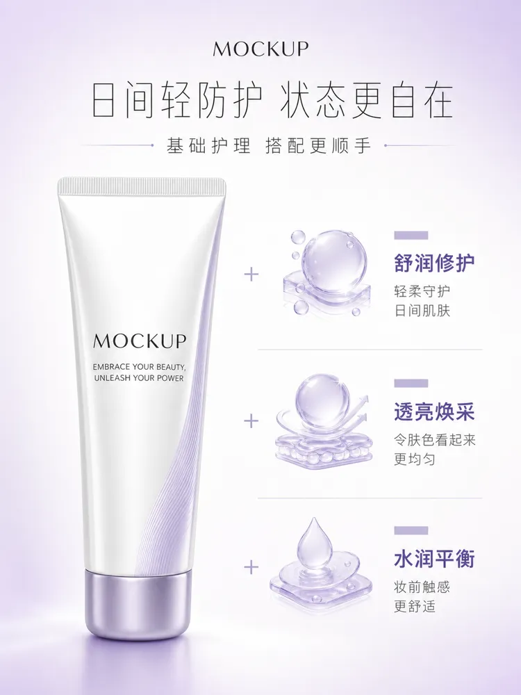 白色护肤管样板配紫色功效｜AI 生图提示词