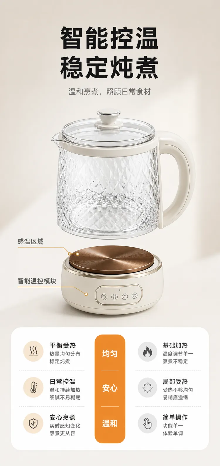智能玻璃电热壶带温控底座｜AI 生图提示词