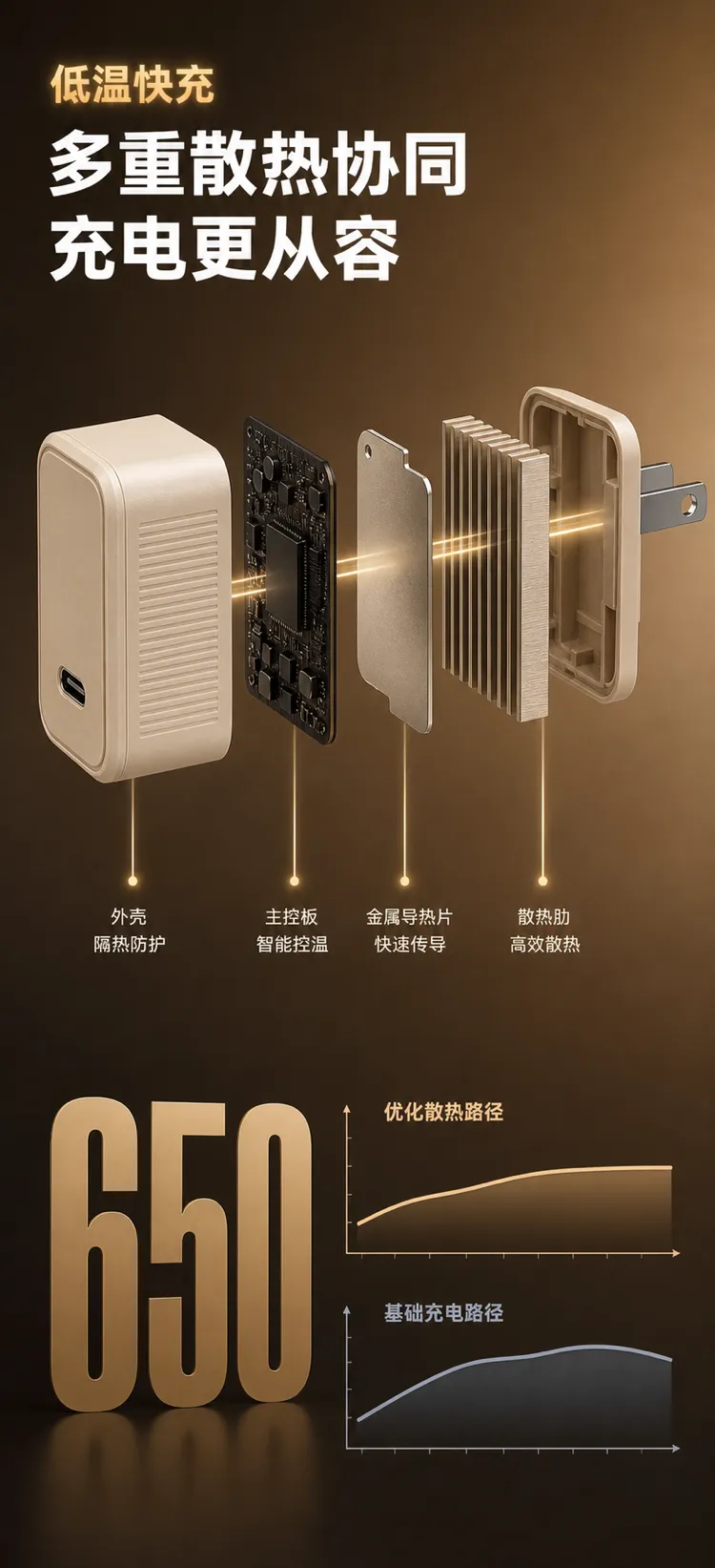 快速充电器多重散热功能的爆发视图｜AI 生图提示词