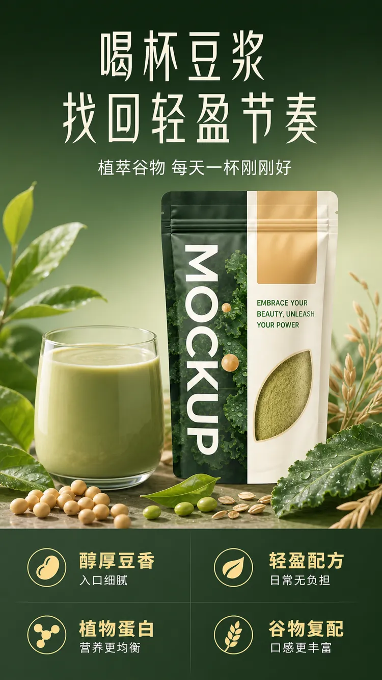 绿色豆奶饮料袋状大豆和谷物｜AI 生图提示词