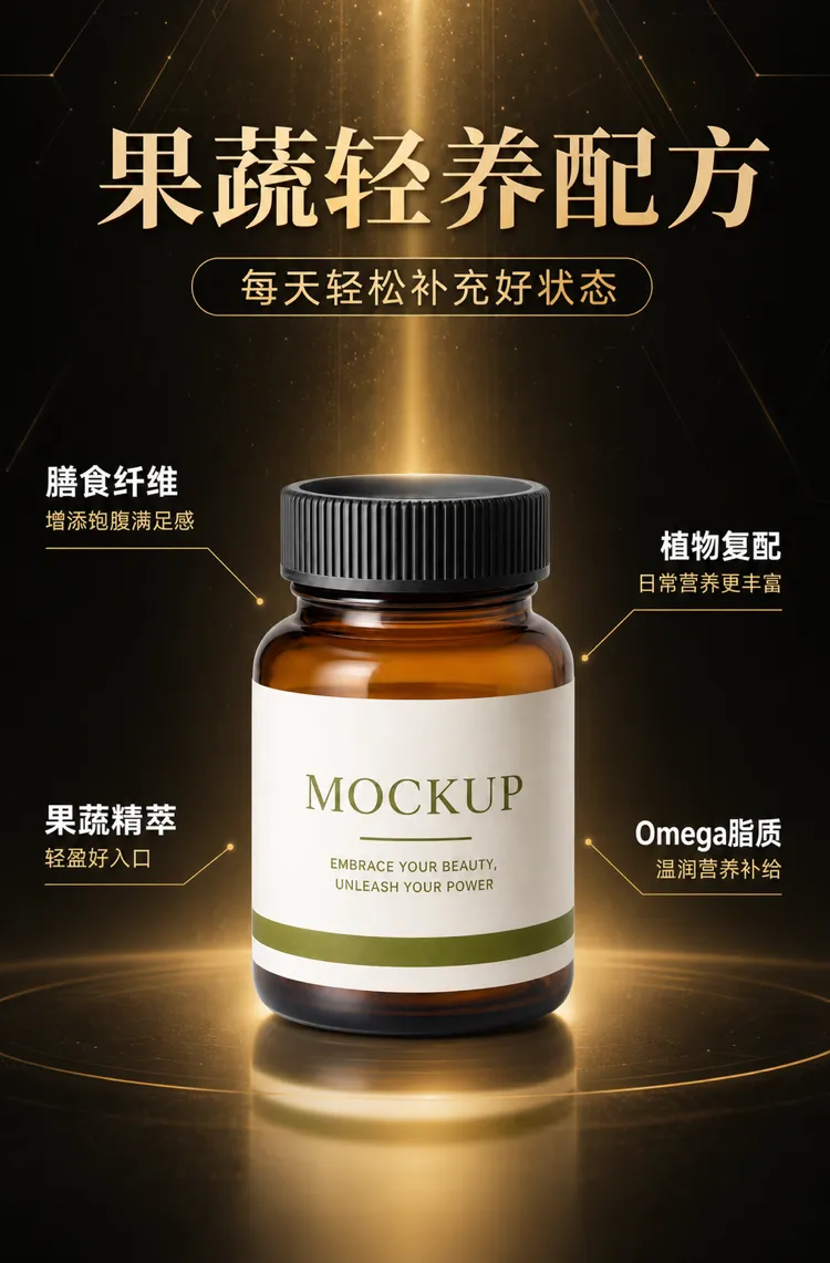水果和蔬菜补充剂瓶装模型｜AI 生图提示词