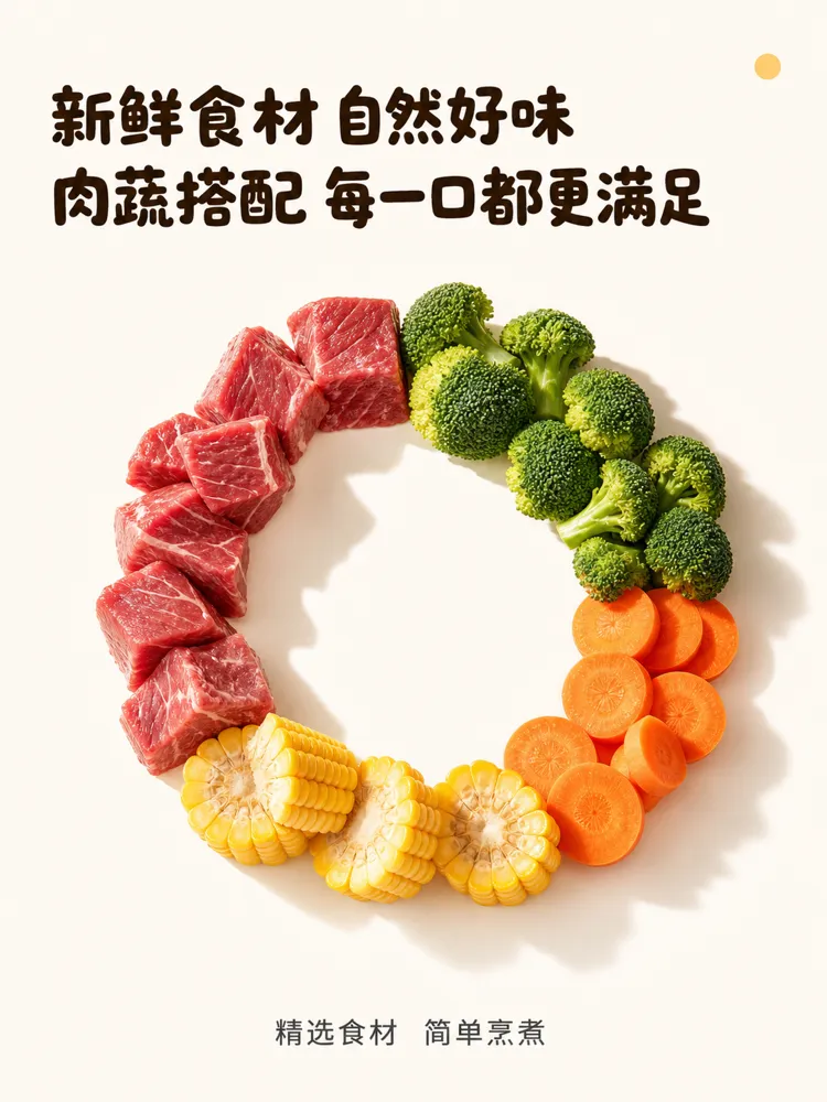 新鲜肉类和蔬菜围成一圈摆放｜AI 生图提示词