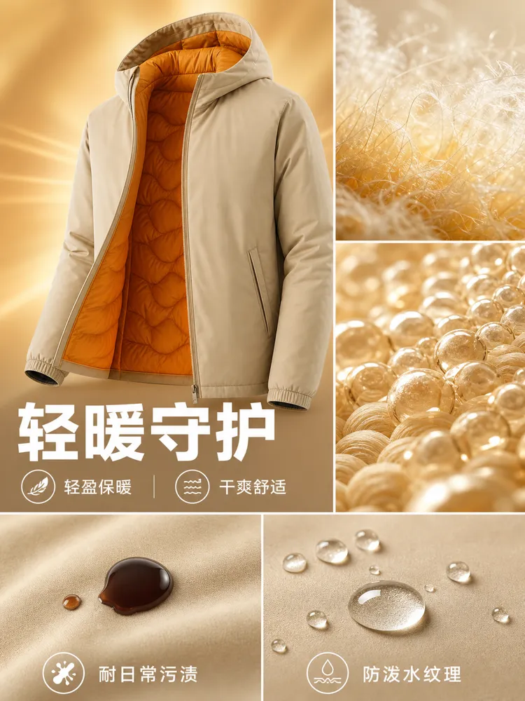 轻便暖和米色连帽夹克细节｜AI 生图提示词