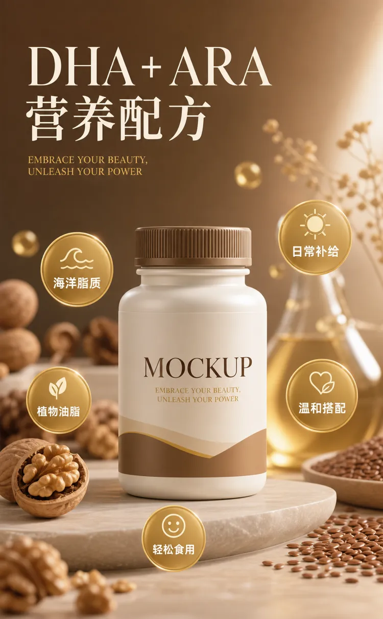 DHA ARA营养配方奶瓶核桃模型｜AI 生图提示词
