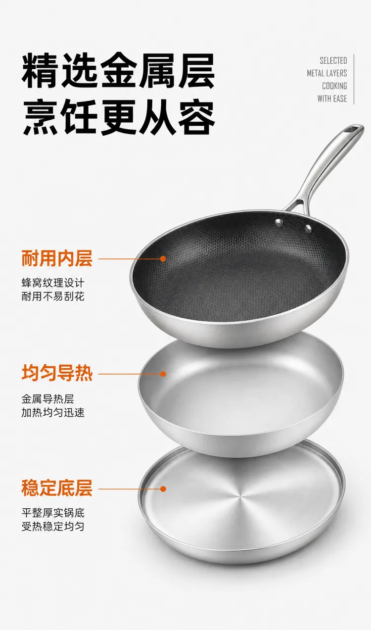 不锈钢煎锅金属层图｜AI 生图提示词