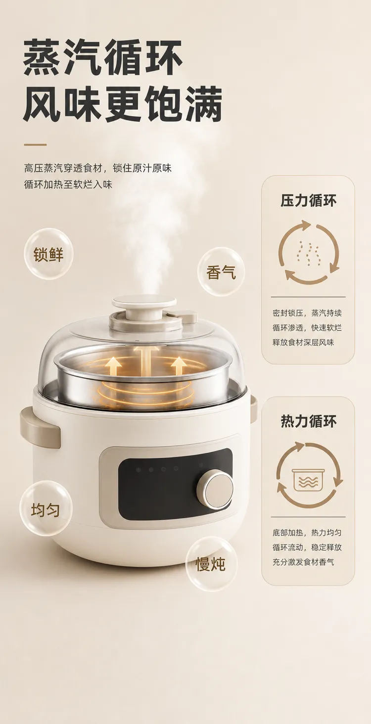 带蒸汽循环功能的电蒸汽炉｜AI 生图提示词