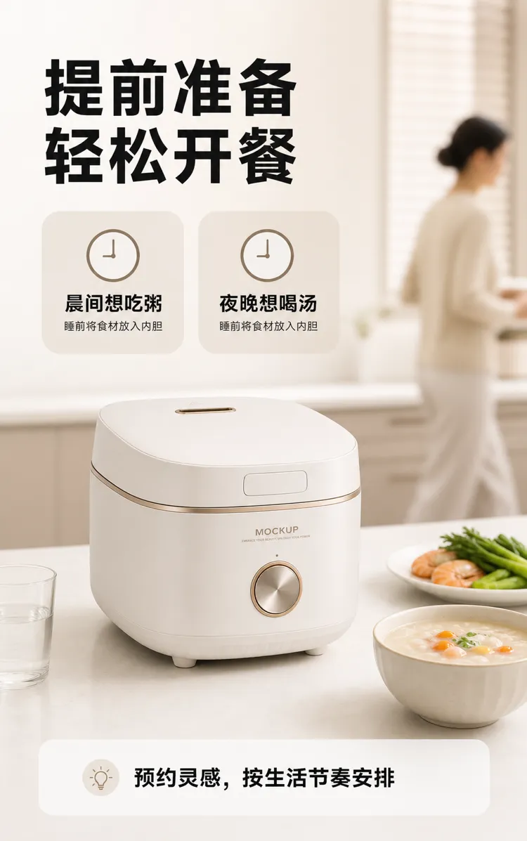 厨房台面上的现代白色电饭煲模型｜AI 生图提示词