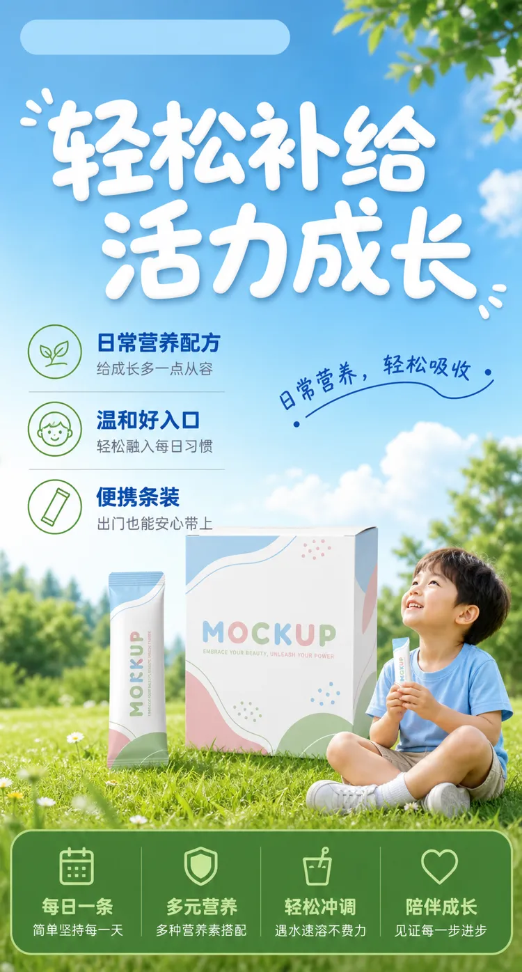 户外儿童营养补充剂包装模型｜AI 生图提示词