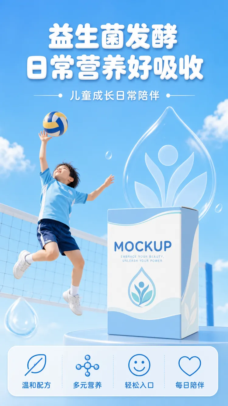 男孩打排球，旁边是营养产品模型｜AI 生图提示词