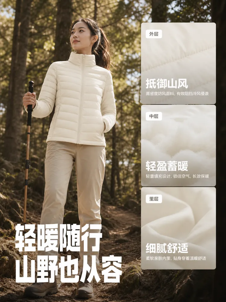 穿着轻便白色夹克在森林中徒步的女子｜AI 生图提示词
