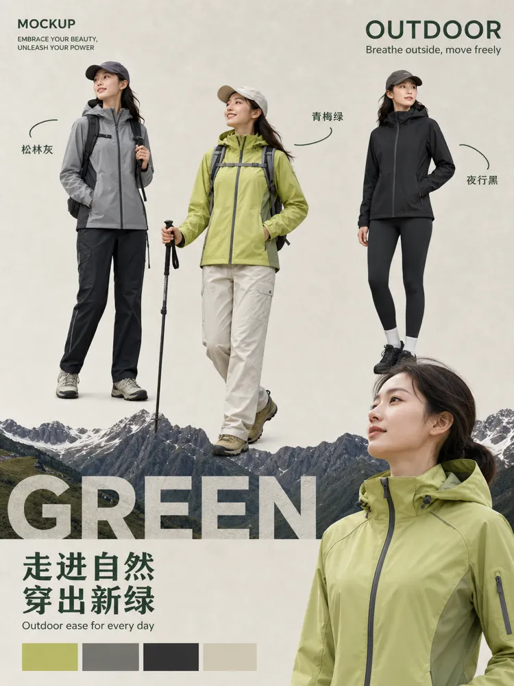 女士户外徒步夹克模型设计｜AI 生图提示词