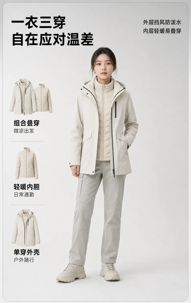 一位女性模特，展示一套多功能的三合一户外夹克系统｜AI 生图提示词