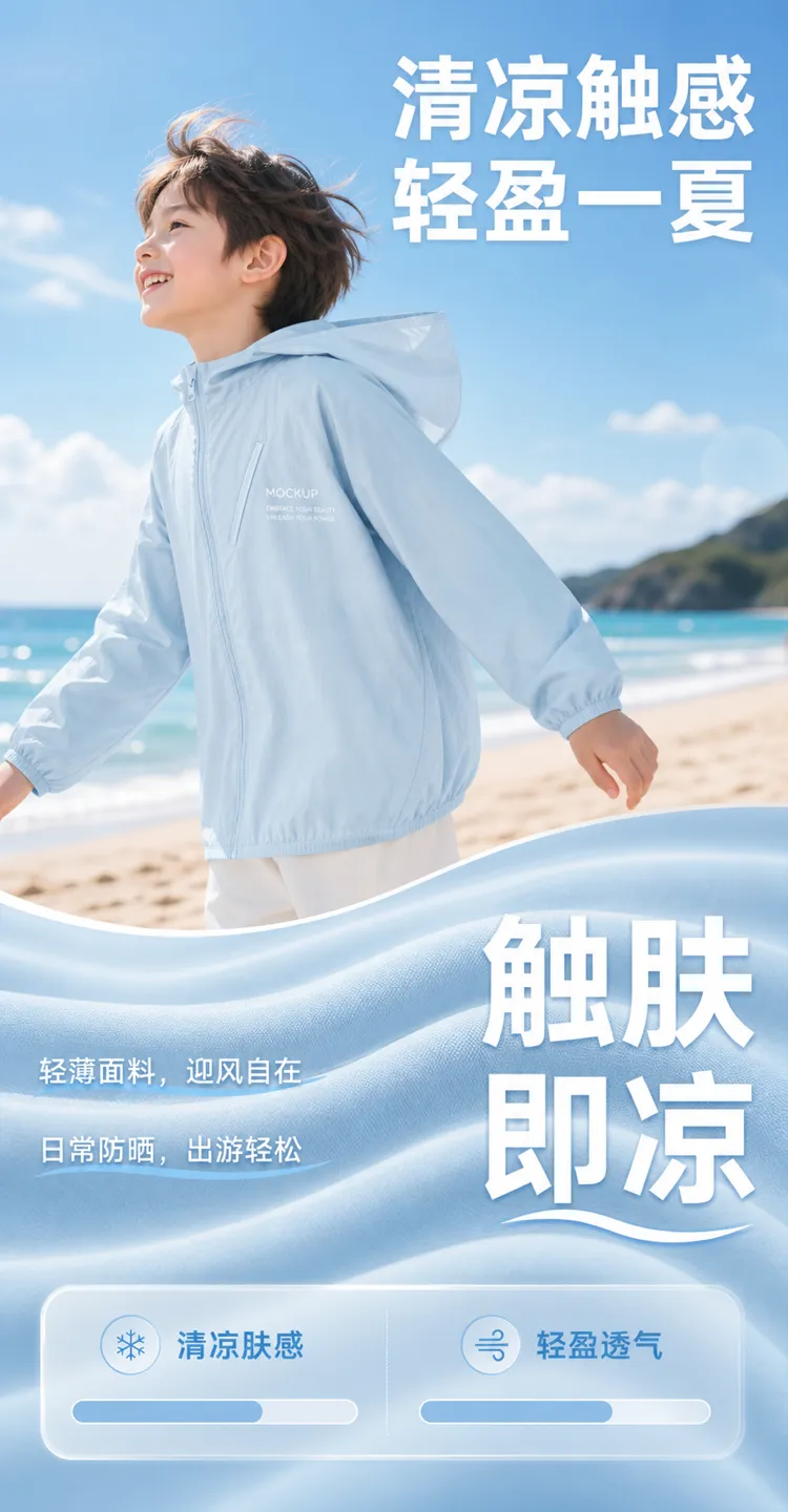 男孩穿着浅蓝色夏季夹克在海滩上｜AI 生图提示词