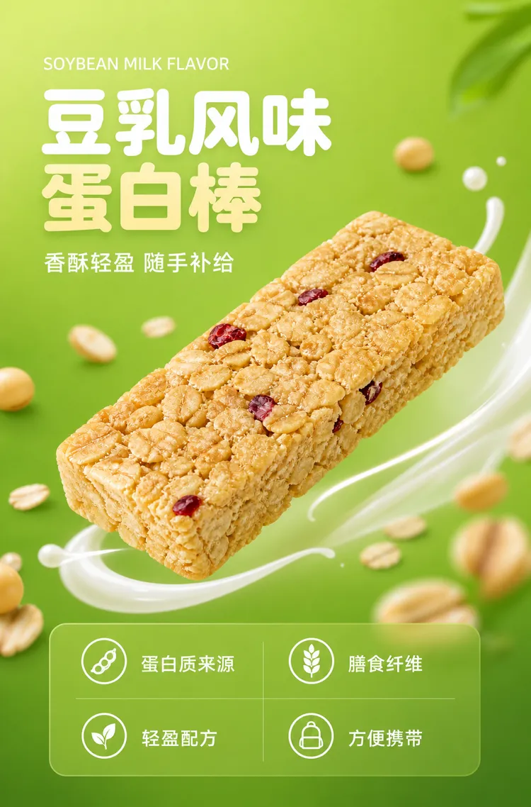 燕麦和蔓越莓的豆奶口味蛋白棒｜AI 生图提示词