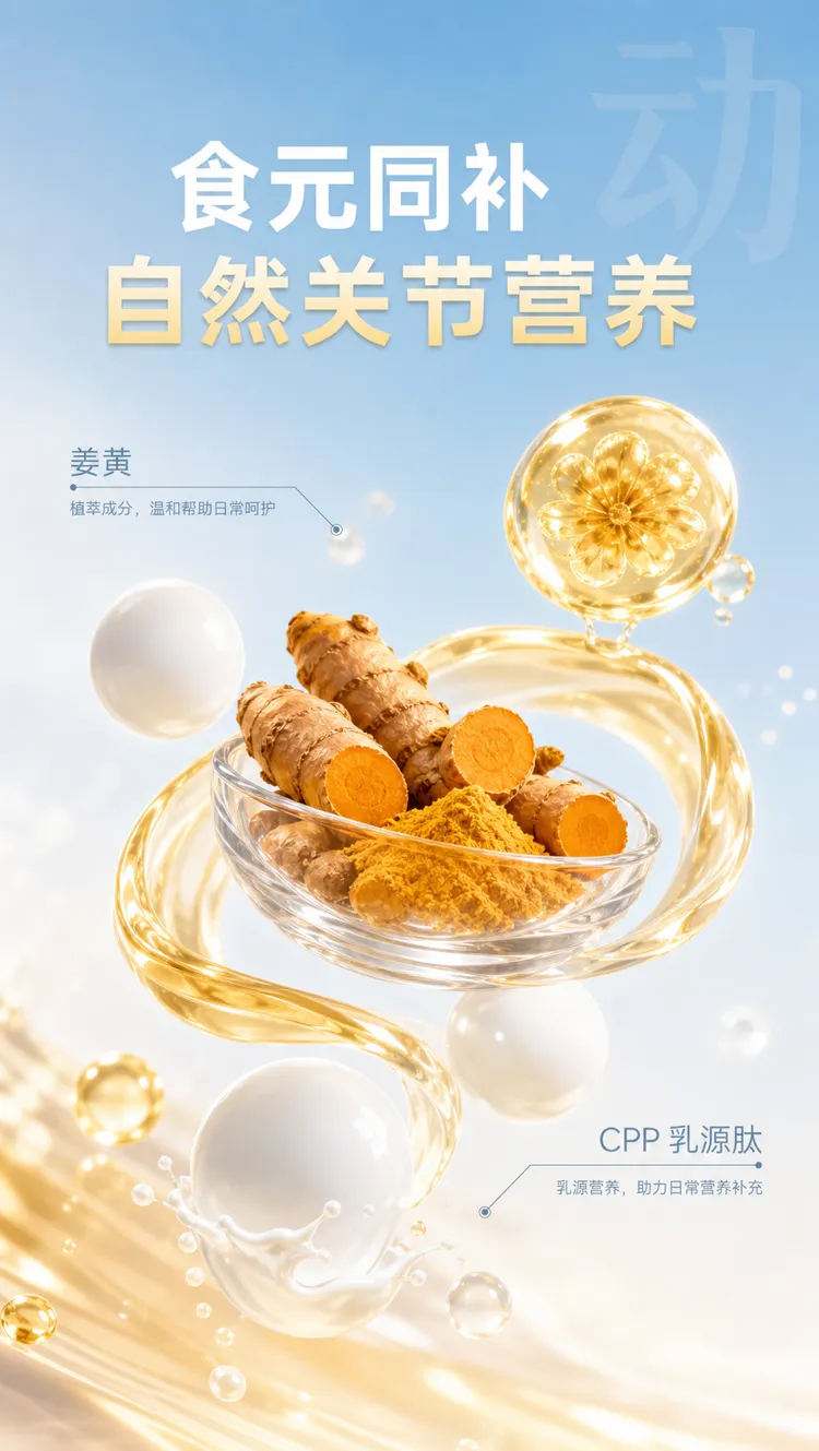 姜黄根和乳肽粉末用于关节｜AI 生图提示词