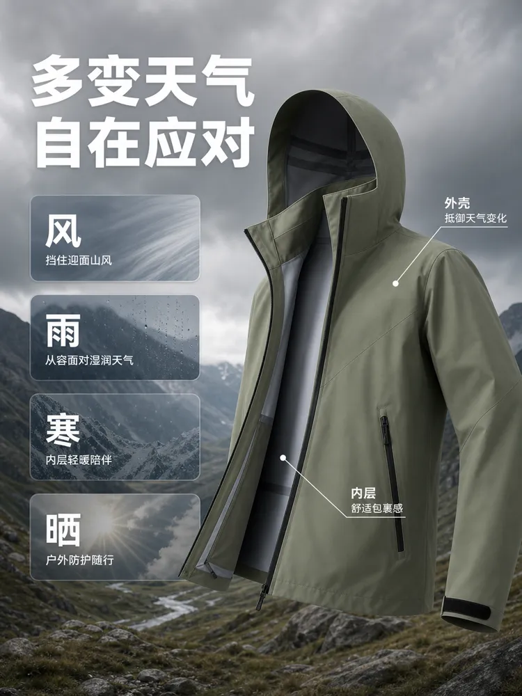 绿色户外夹克全天候防护｜AI 生图提示词