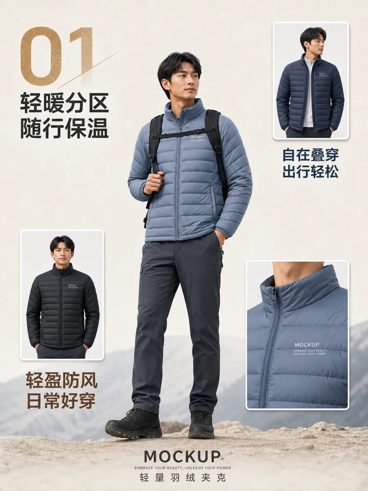 穿着浅蓝色轻便羽绒外套的男子｜AI 生图提示词