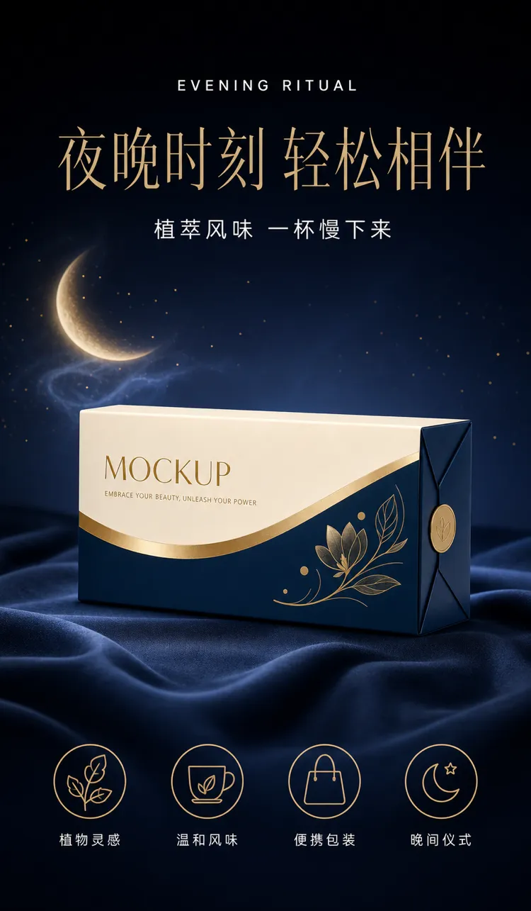 奢华藏青包装样板，附夜空图案｜AI 生图提示词