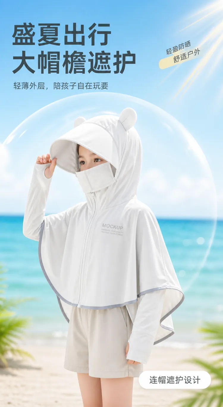 穿着白色防晒夹克的孩子在海滩上｜AI 生图提示词