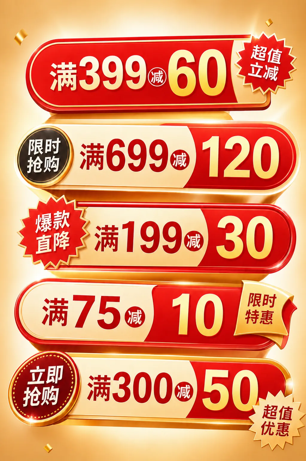 红色和金色促销折扣横幅用于销售｜AI 生图提示词