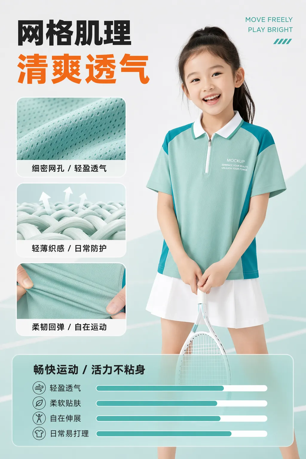 穿着透气网球Polo衫的女孩，面料细节｜AI 生图提示词