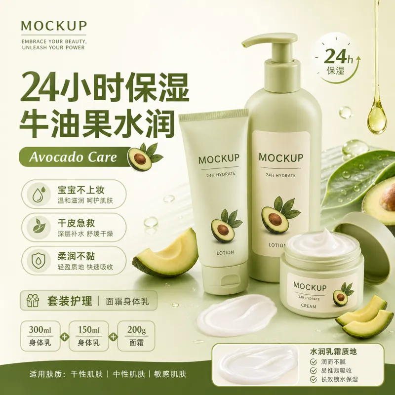 牛油果护肤面妆套装含润唇膏和霜｜AI 生图提示词