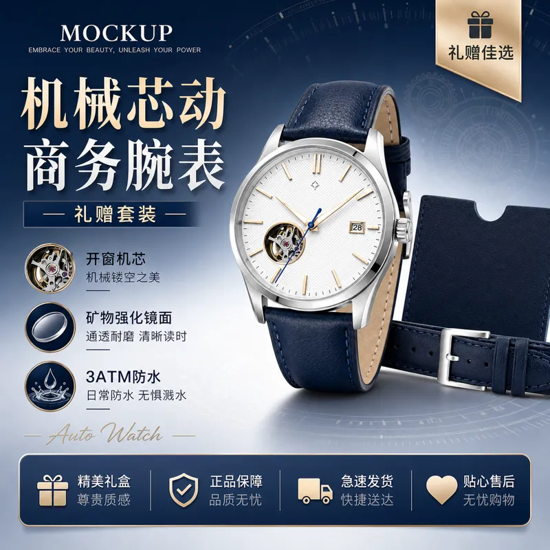 机械商务手表蓝色皮带礼品套装｜AI 生图提示词