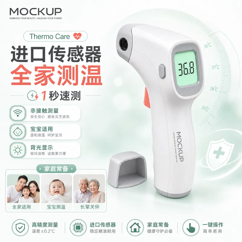 白色数字红外温度计模型设计｜AI 生图提示词