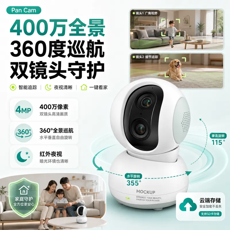 400万像素双镜头全景摄像头，支持360度旋转｜AI 生图提示词