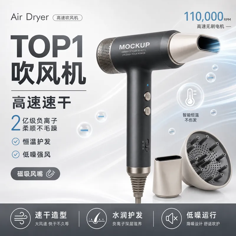 高速黑色吹风机模型带附件｜AI 生图提示词