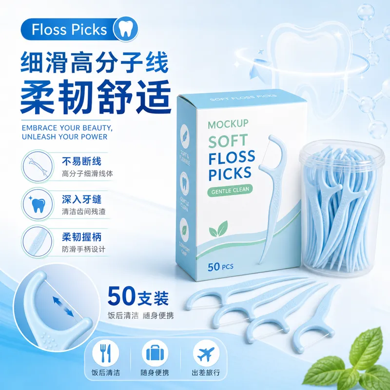 蓝色软牙线刷，适合温和清洁｜AI 生图提示词