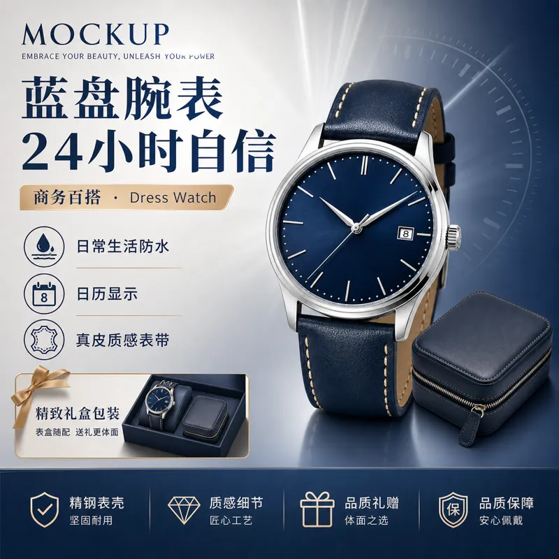 蓝色表盘连衣裙手表，带皮革表带模型｜AI 生图提示词