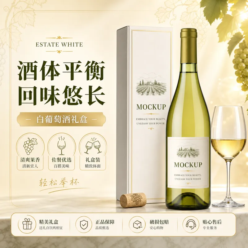 白葡萄酒瓶和礼品盒带玻璃模型｜AI 生图提示词