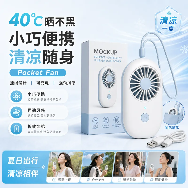 夏季便携式带绳子口袋风扇｜AI 生图提示词