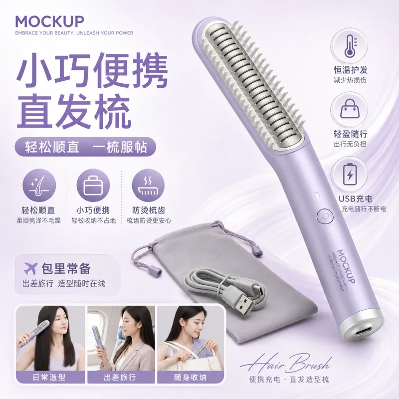 便携式电动直发刷，带USB接口｜AI 生图提示词