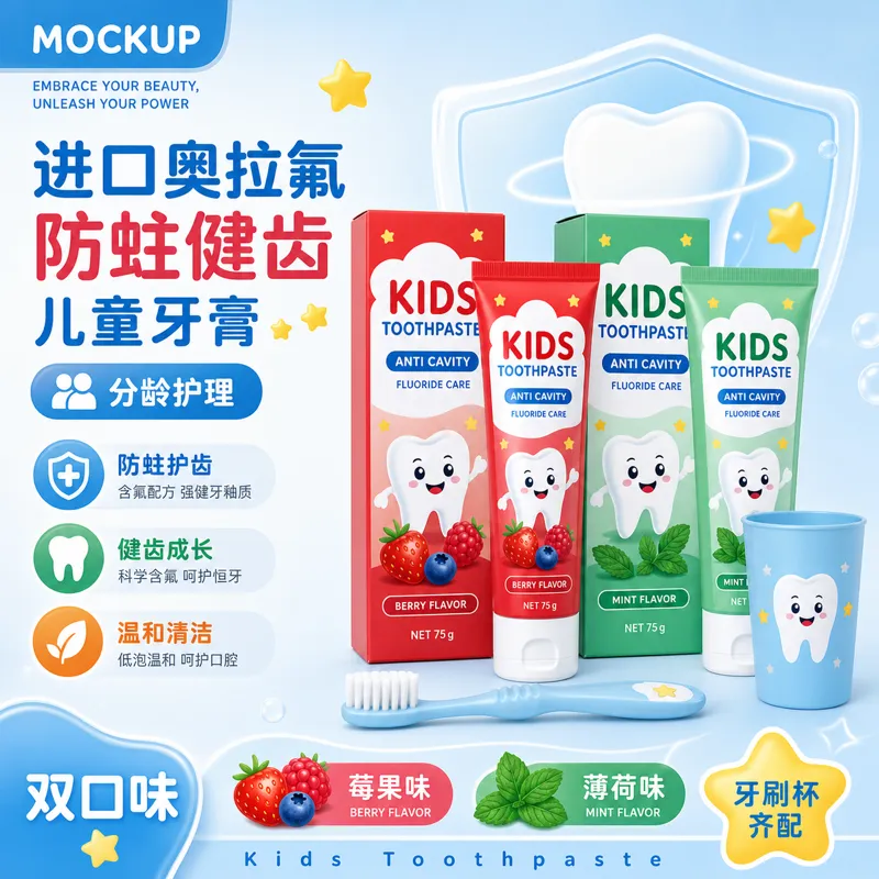 儿童抗蛀牙牙膏浆果和薄荷口味套装｜AI 生图提示词