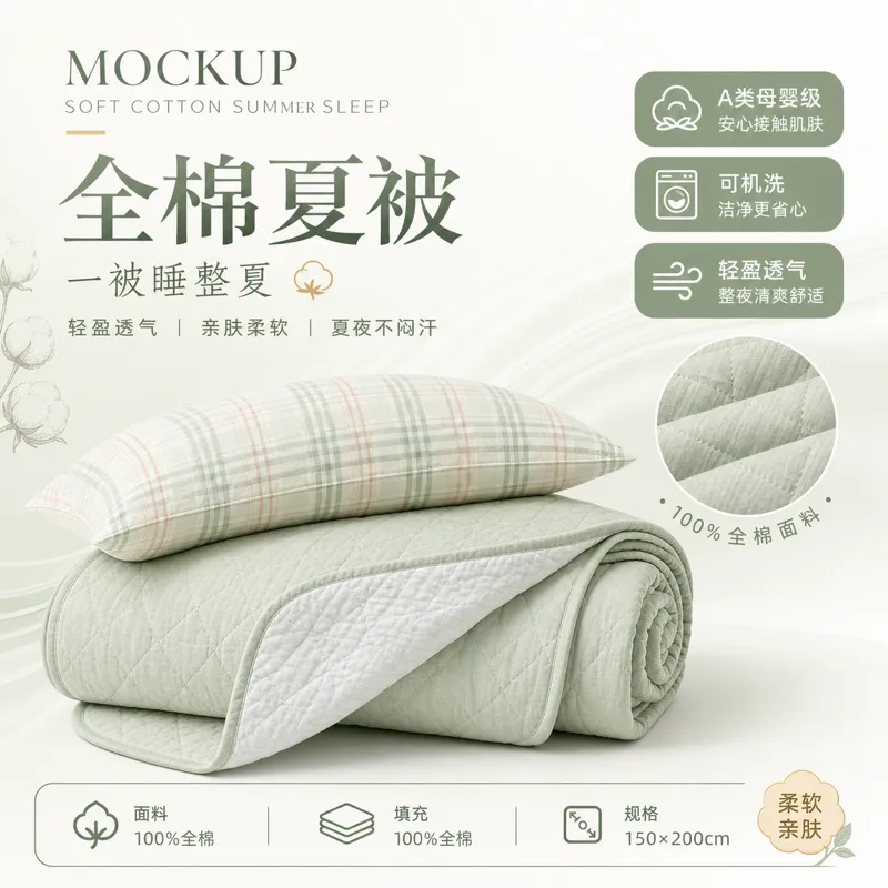 柔软棉质夏日被子样配格子枕头｜AI 生图提示词