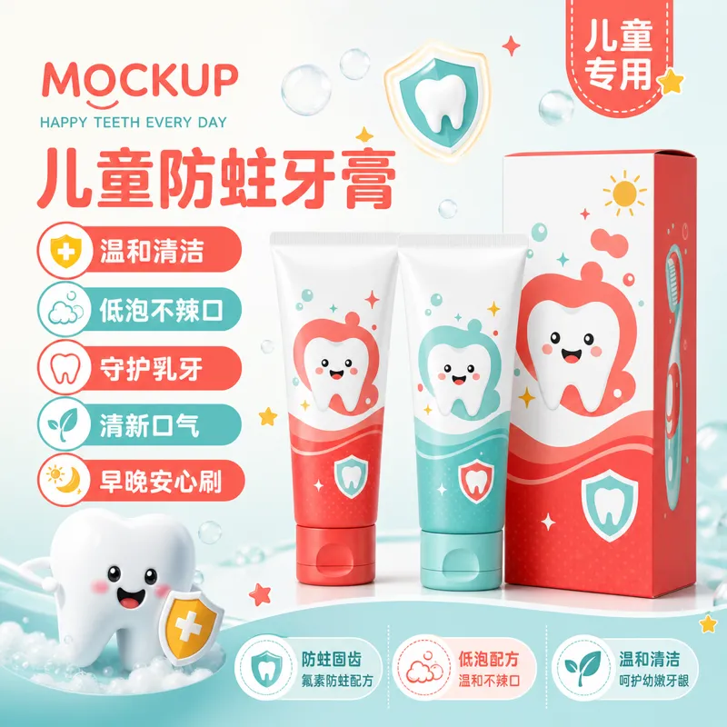 儿童防蛀牙膏包装模型｜AI 生图提示词